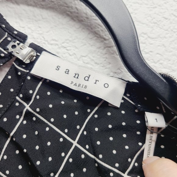 Sandro Paris Window Pane Polka Dot 100% Silk Top Size 1 Small Black - Picture 7 of 9